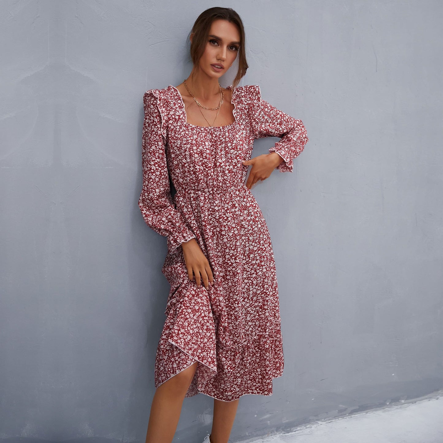 Square Neck Floral Ruffle Dress