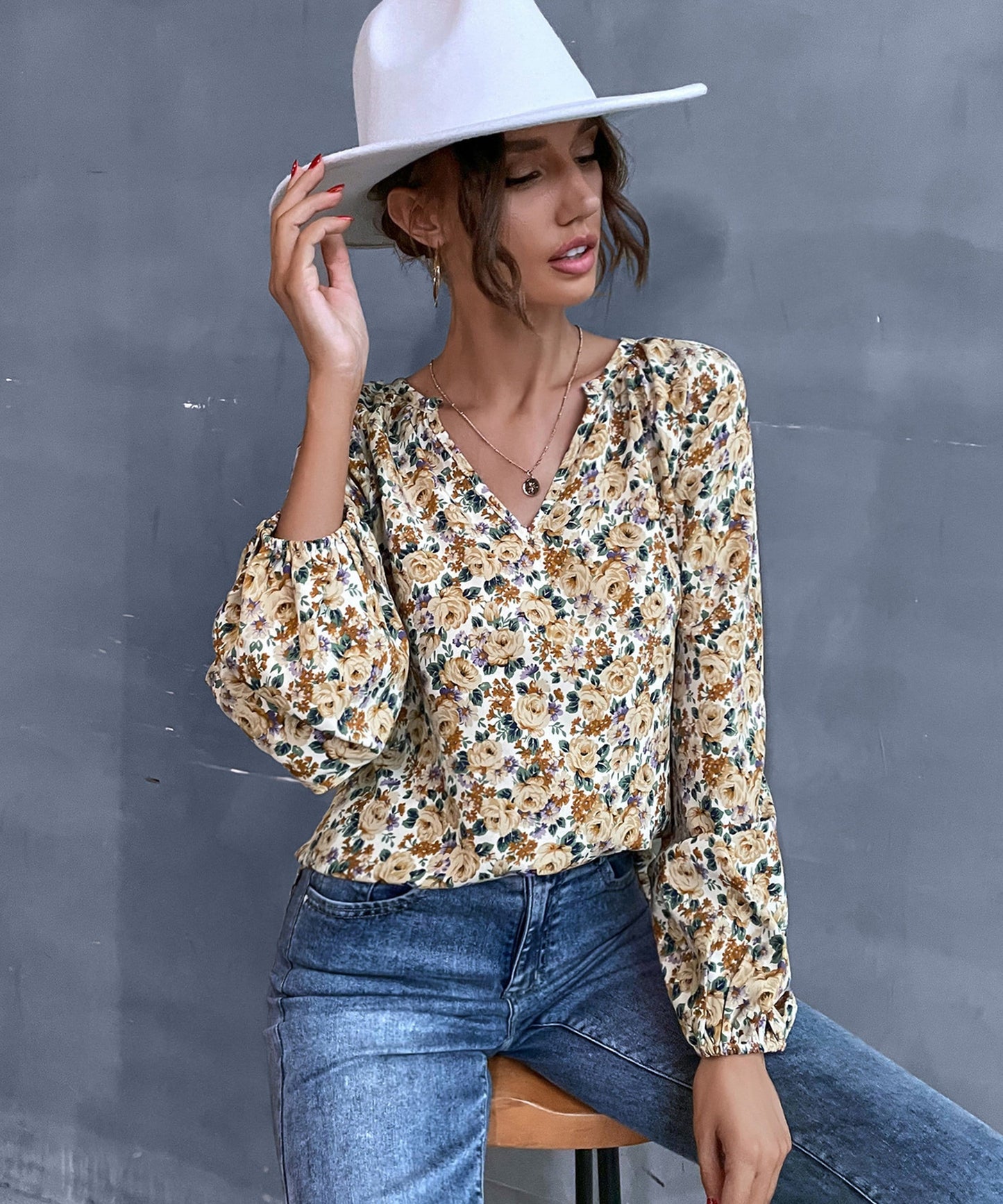 V Neck Vintage Floral Blouse