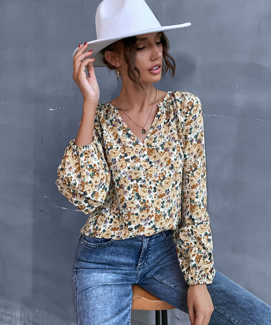 V Neck Vintage Floral Blouse