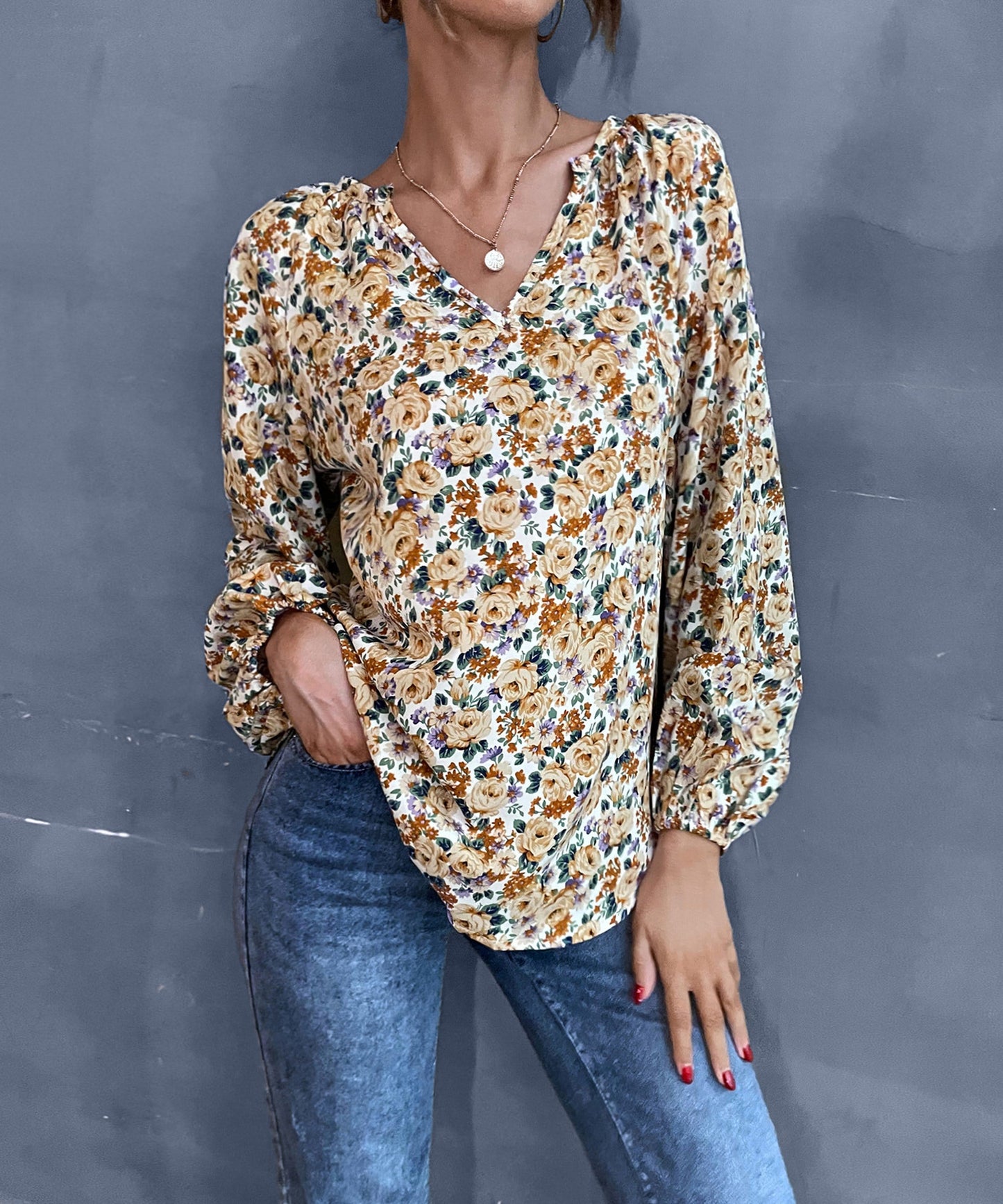 V Neck Vintage Floral Blouse