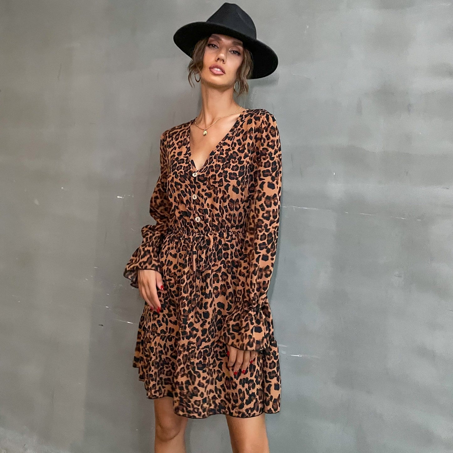 Leopard Print Gathered Waist Dress