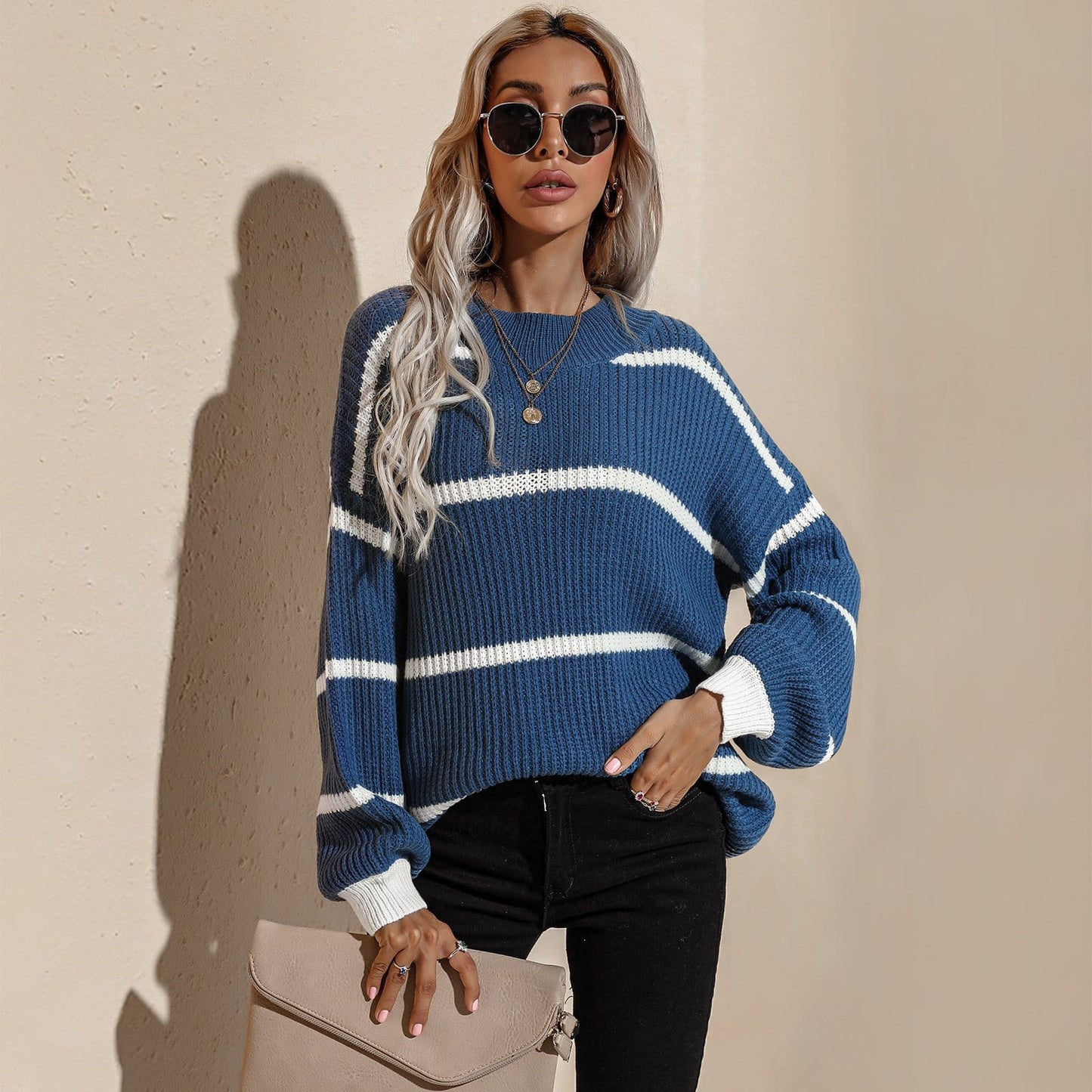 Drop Shoulder Striped Oversized Knit Sweater