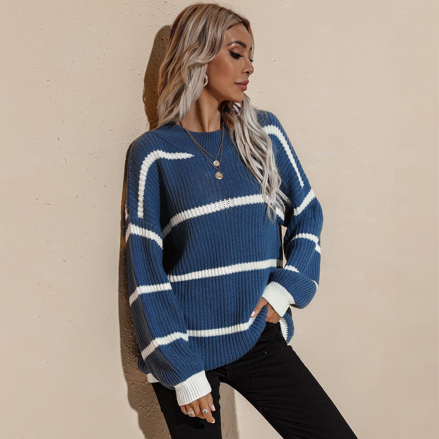 Drop Shoulder Striped Oversized Knit Sweater