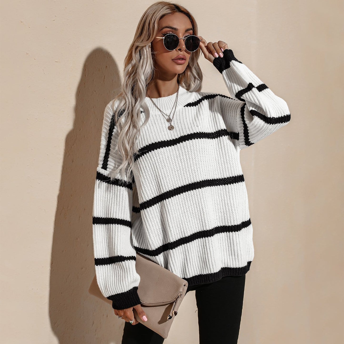 Drop Shoulder Striped Oversized Knit Sweater