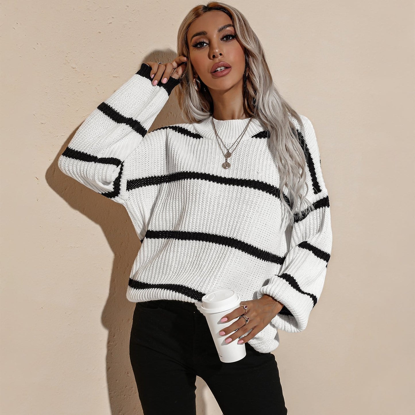 Drop Shoulder Striped Oversized Knit Sweater