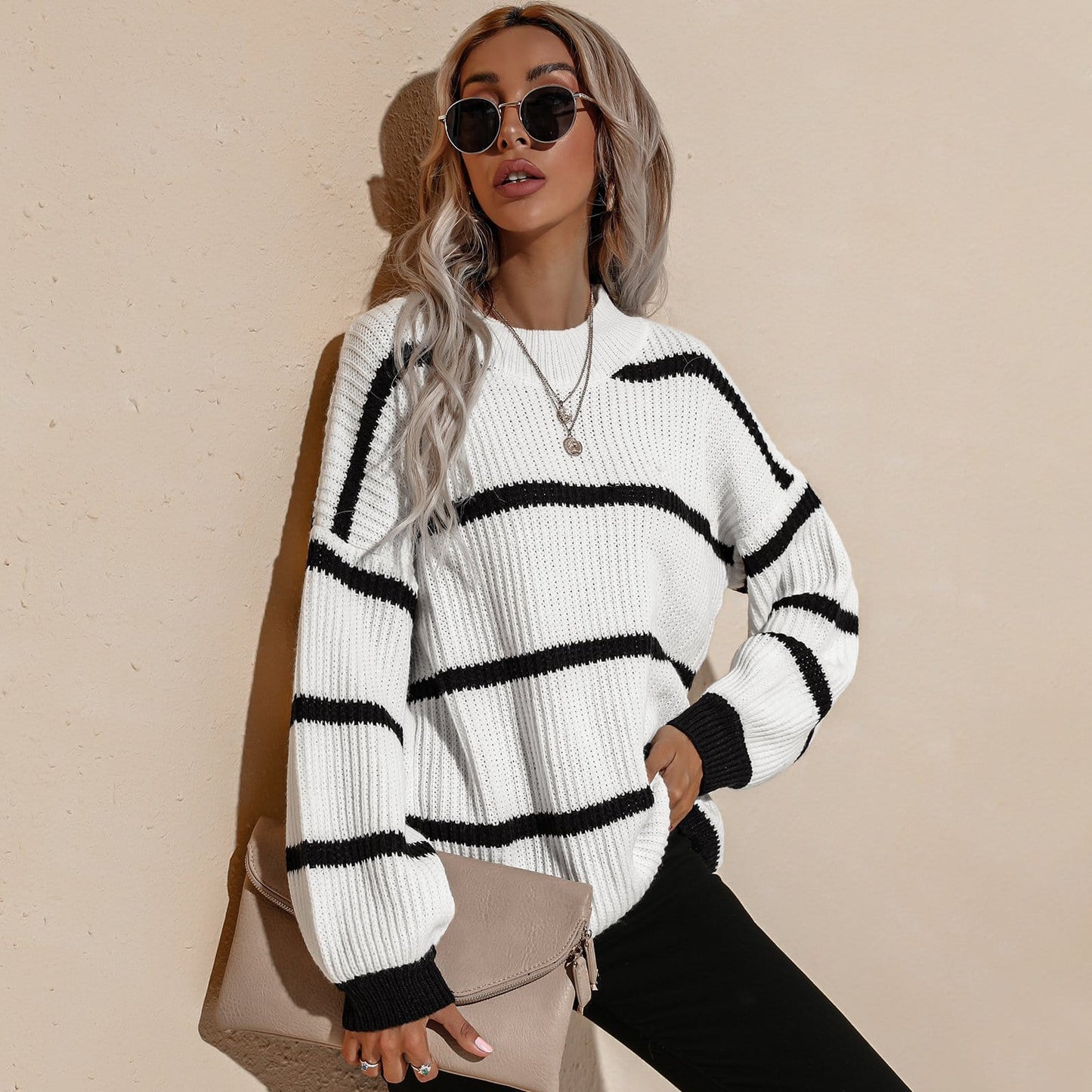 Drop Shoulder Striped Oversized Knit Sweater