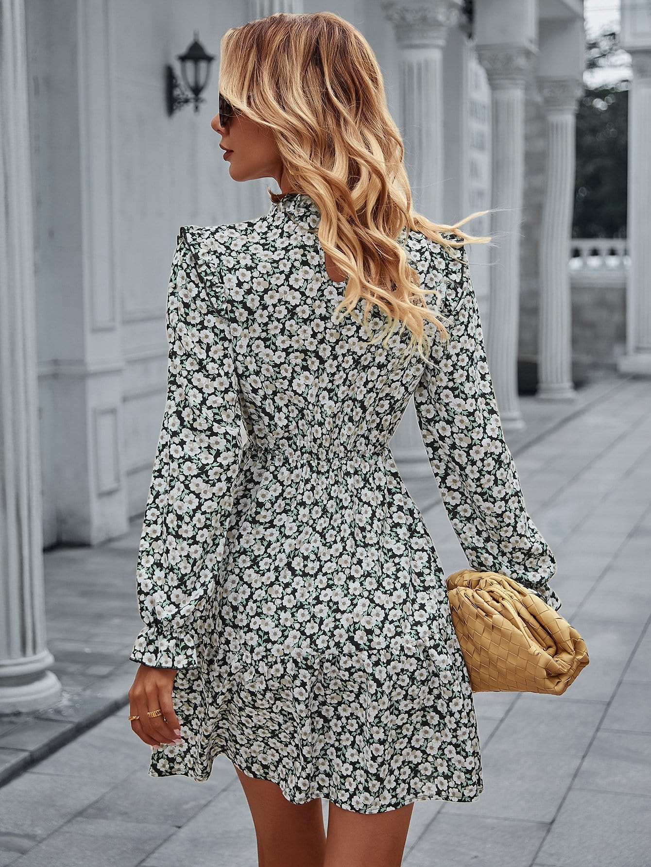 Floral Ruffle Trim Vintage Dress