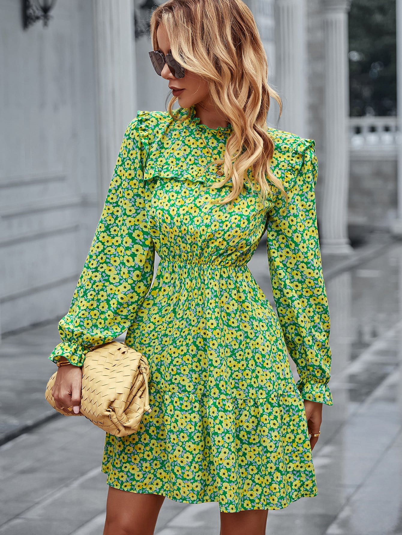 Floral Ruffle Trim Vintage Dress