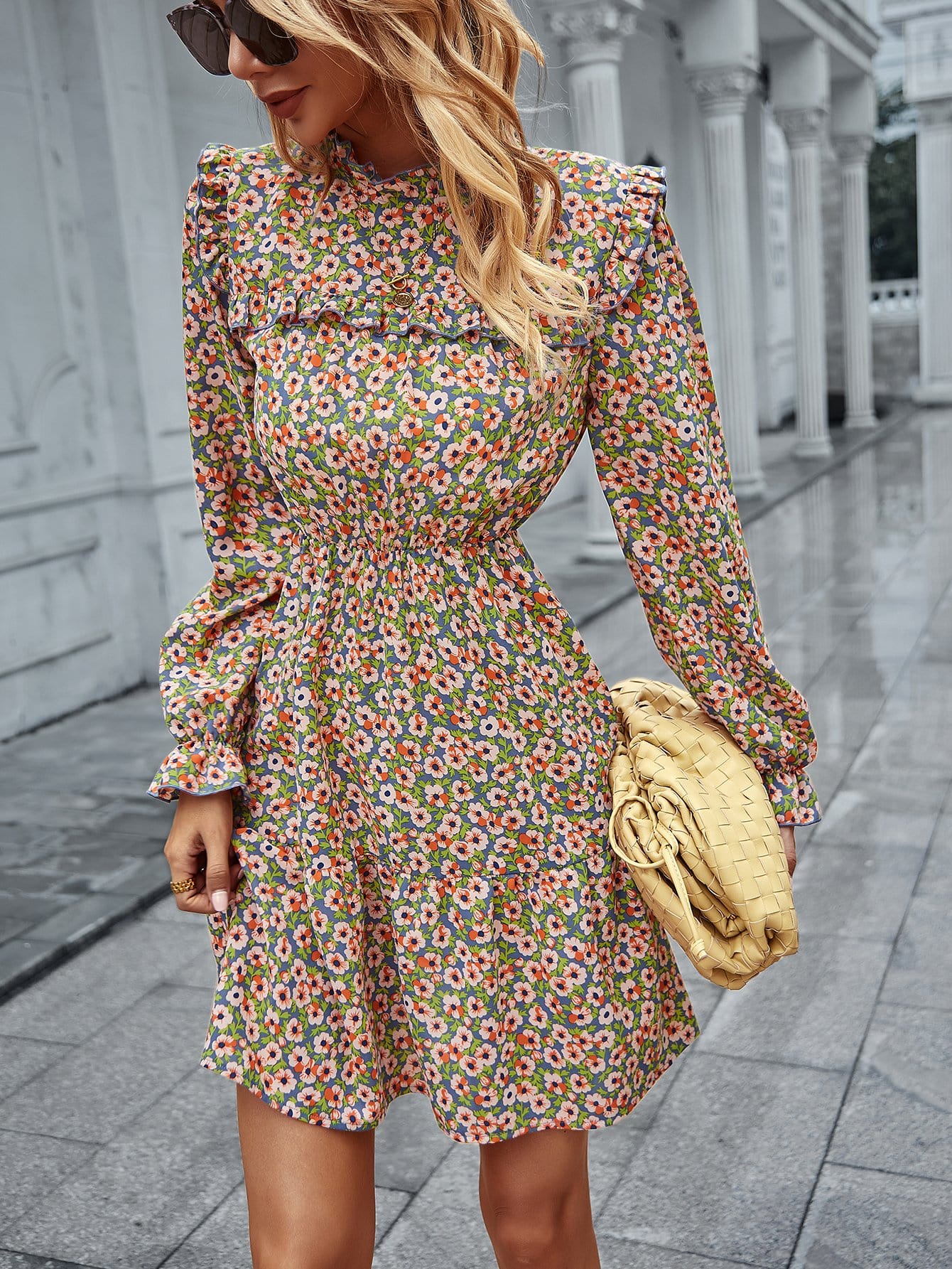 Floral Ruffle Trim Vintage Dress