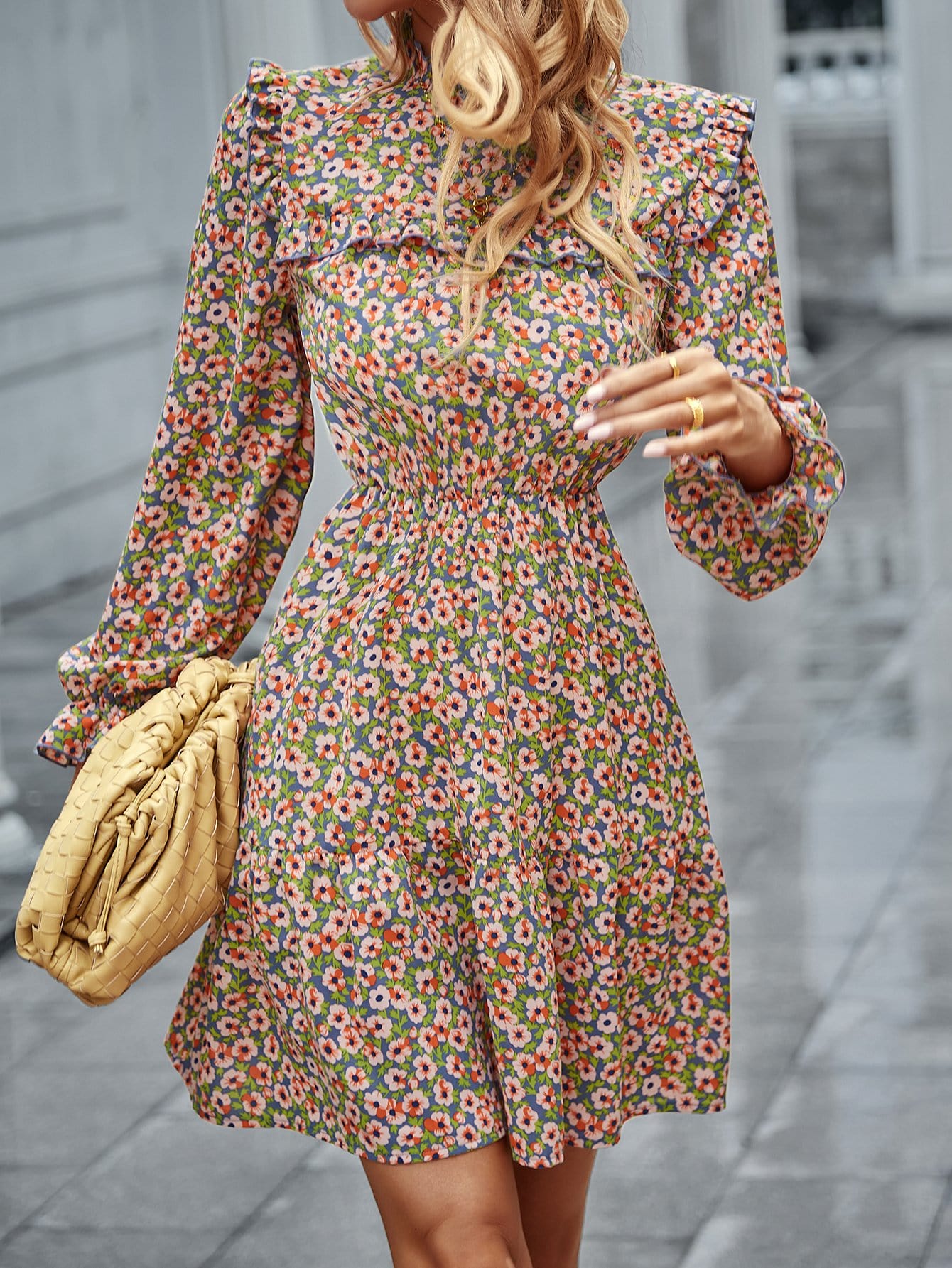 Floral Ruffle Trim Vintage Dress
