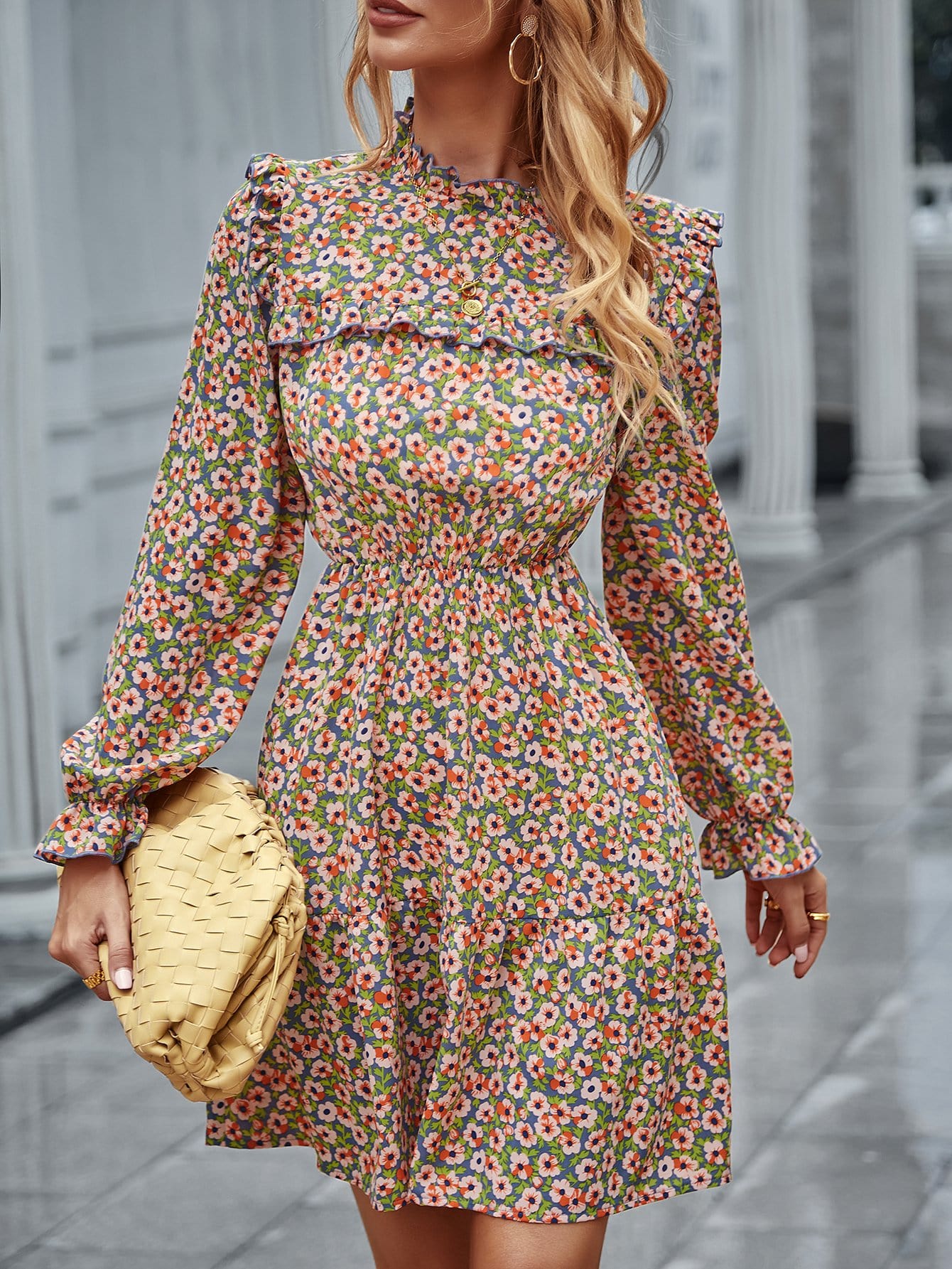 Floral Ruffle Trim Vintage Dress