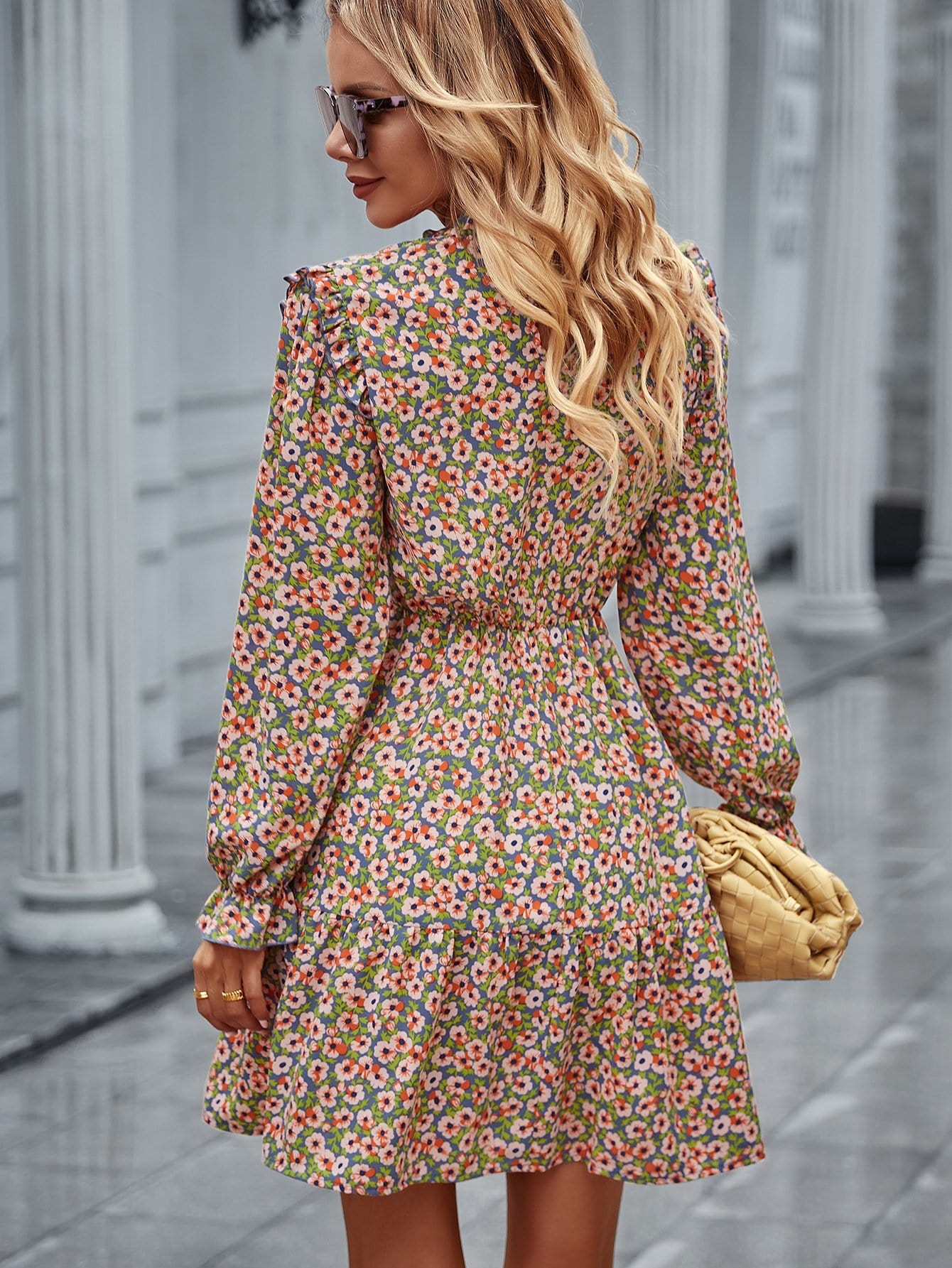 Floral Ruffle Trim Vintage Dress
