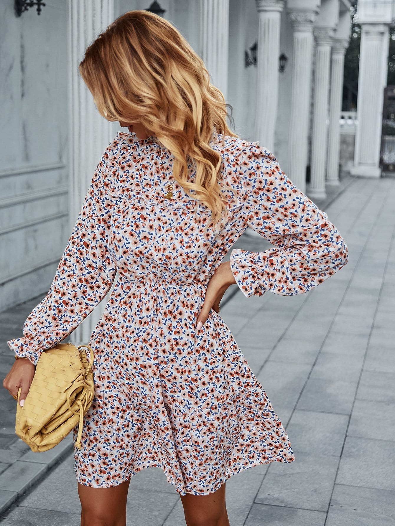 Floral Ruffle Trim Vintage Dress