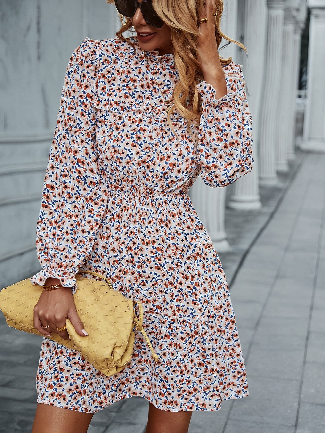 Floral Ruffle Trim Vintage Dress