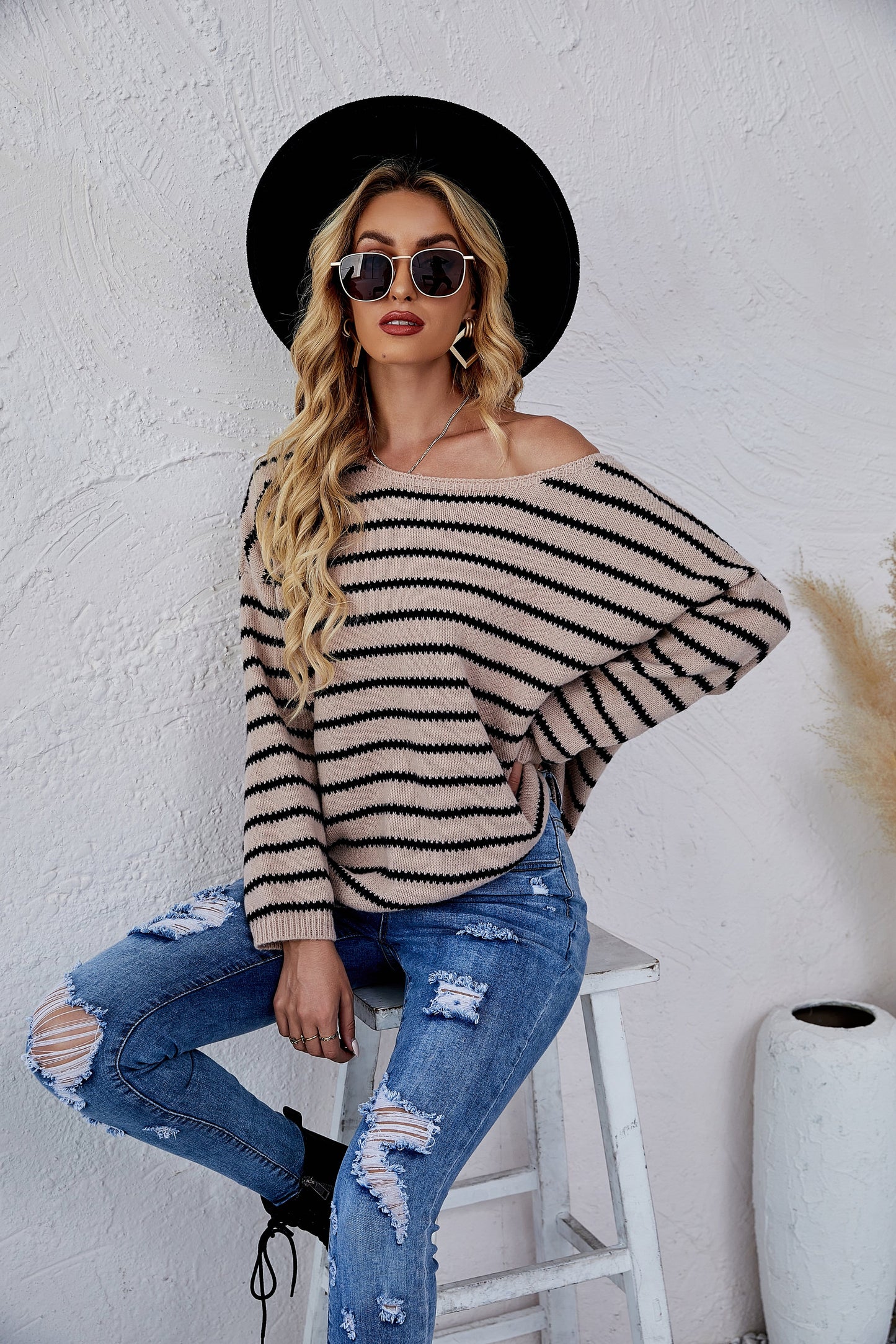 Round Neck Striped Knit Sweater