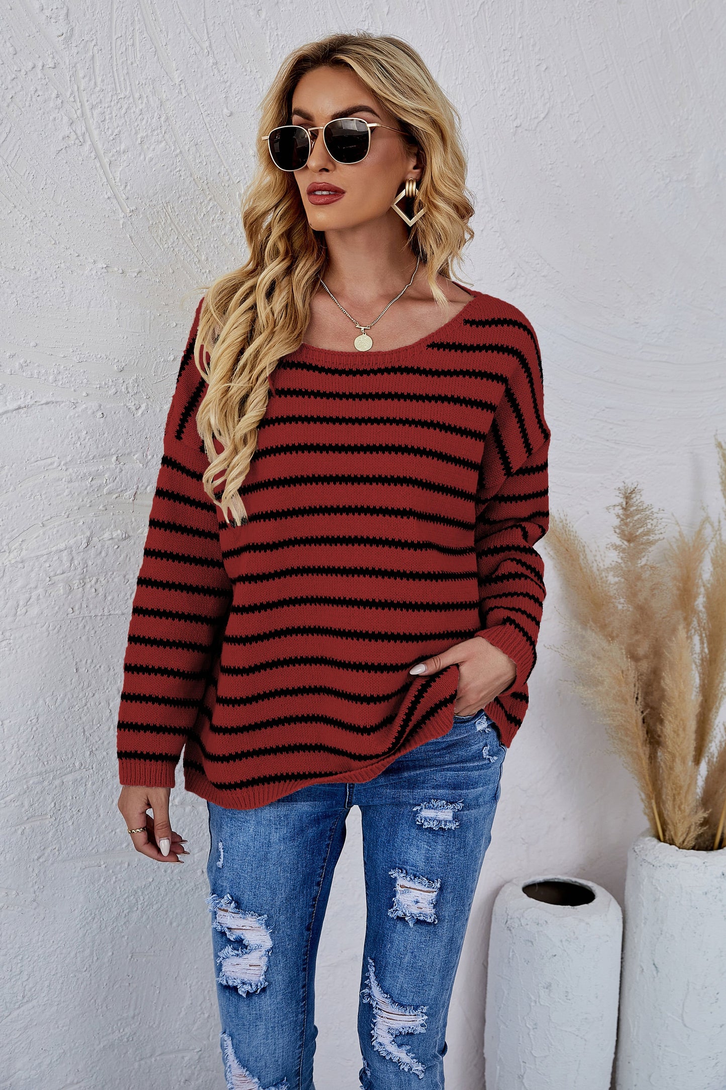 Round Neck Striped Knit Sweater