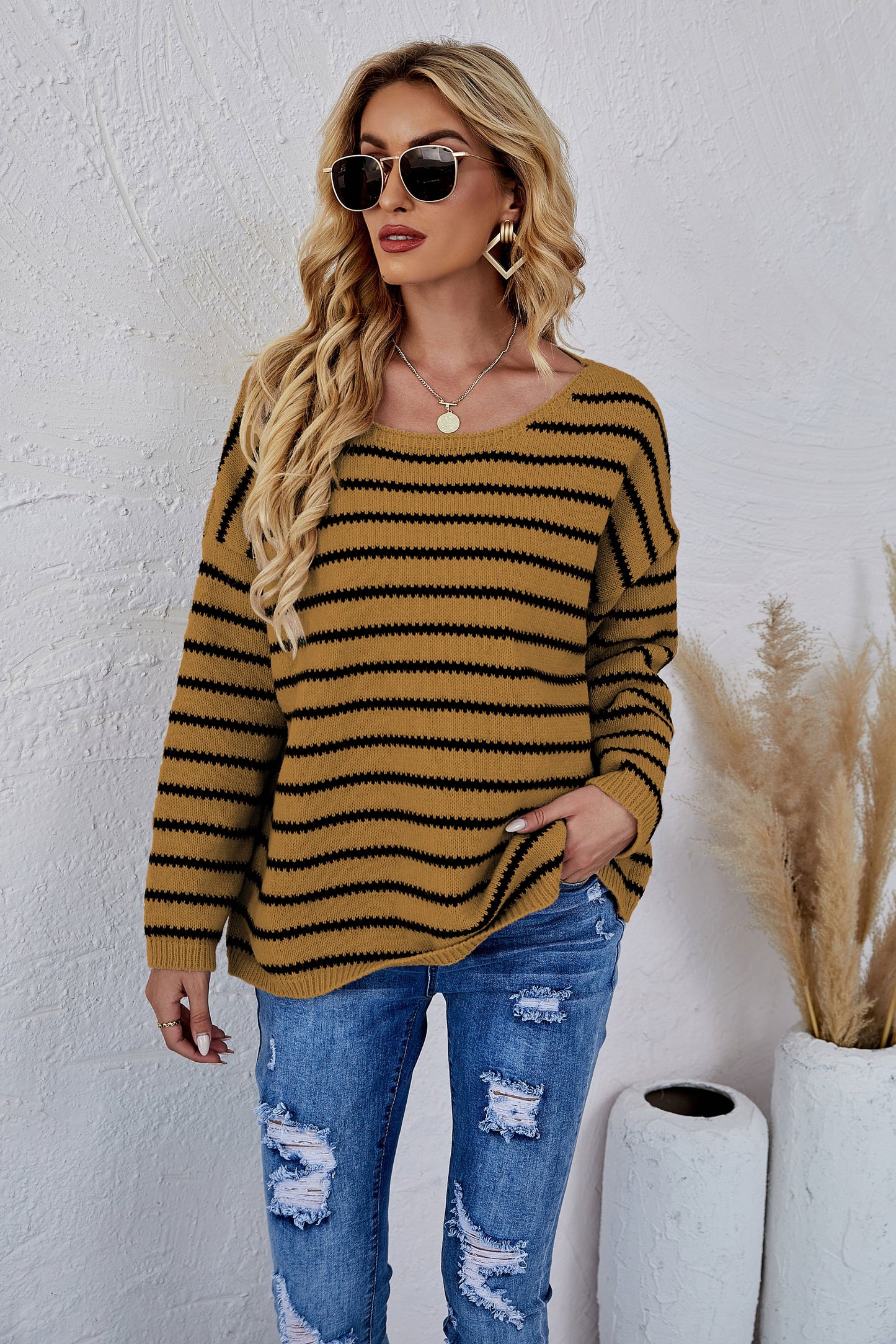 Round Neck Striped Knit Sweater