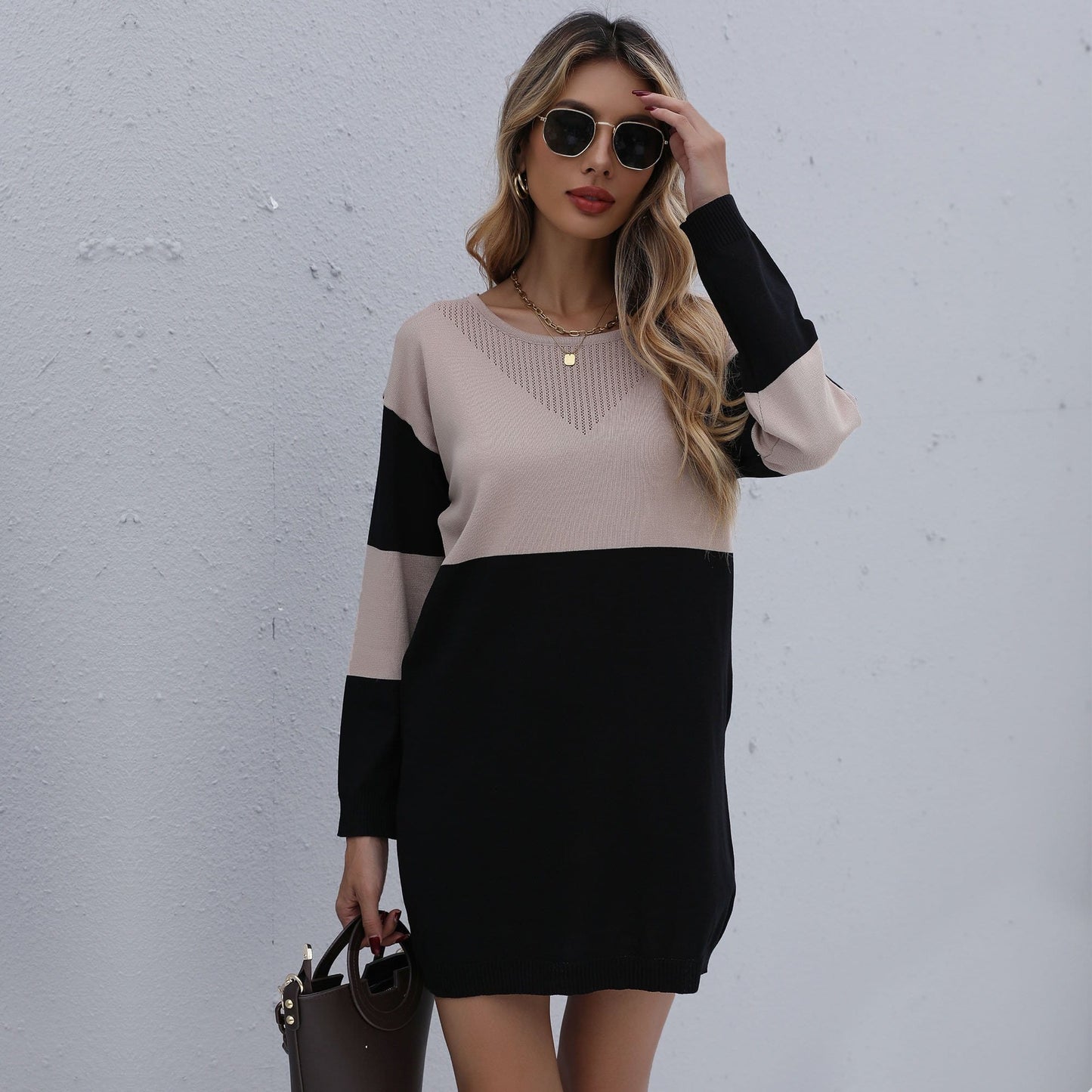 Color Block Neck Detail Sweater Dress