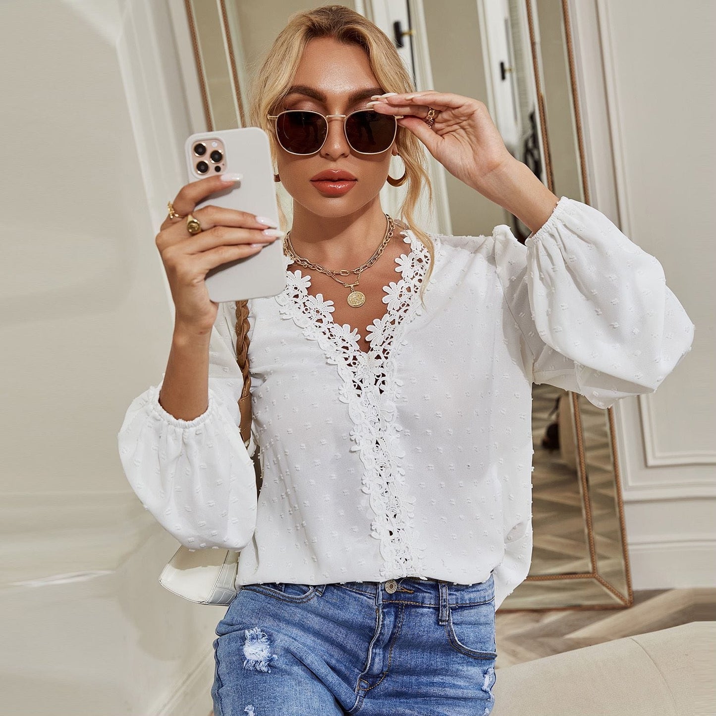 Clip Dot Lace Trim Blouse