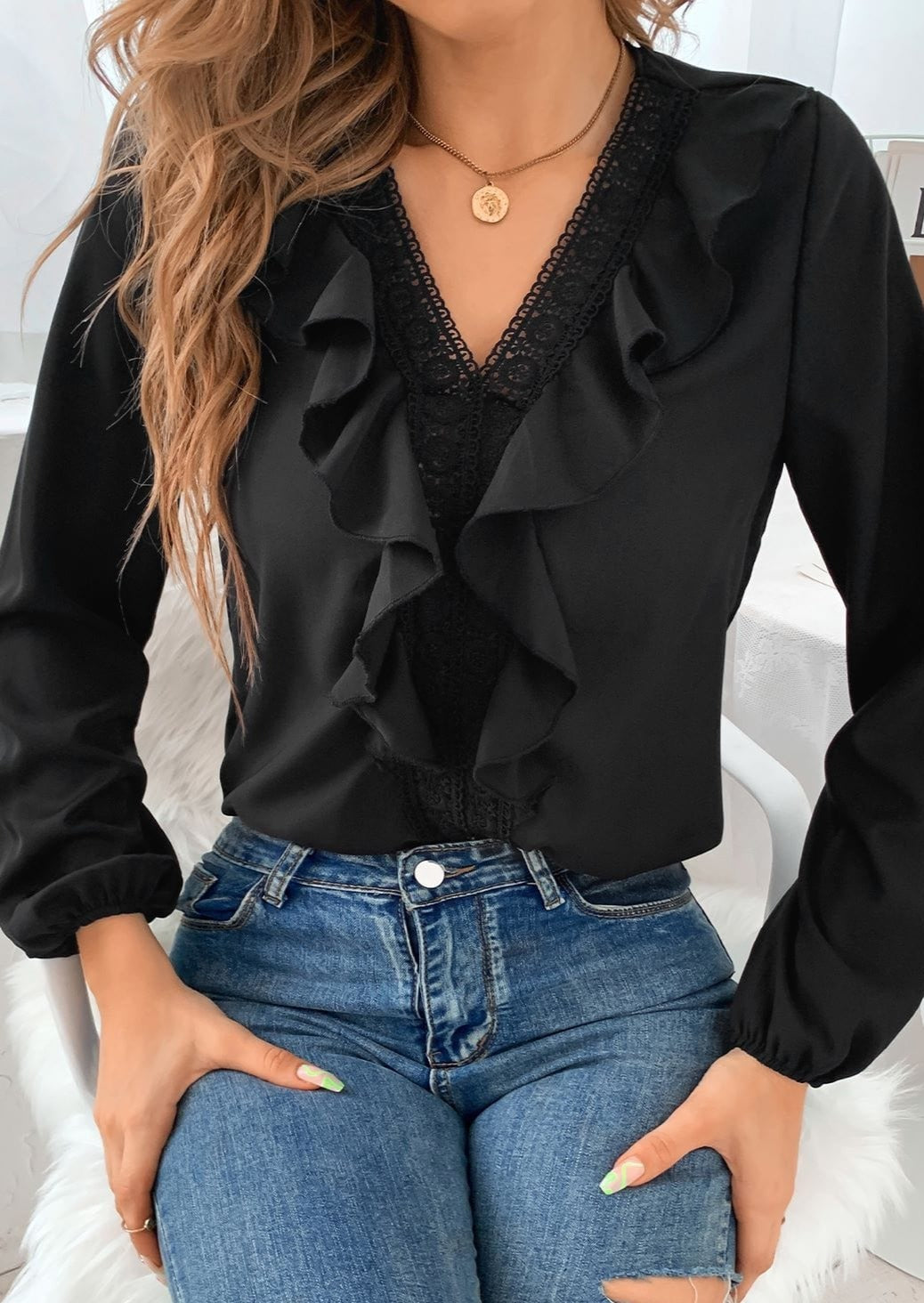 Solid V Neck Ruffle Blouse