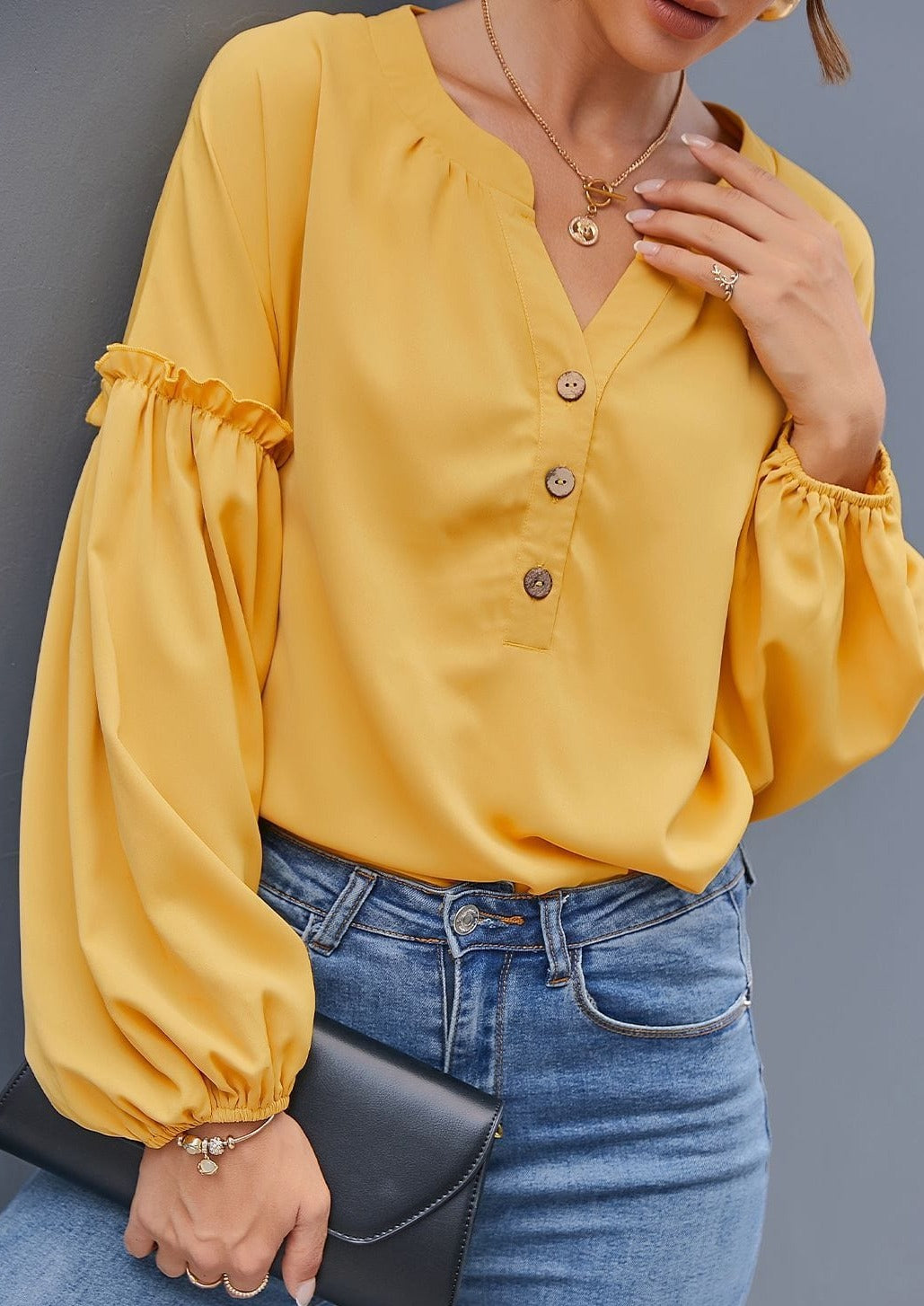 Half Button Front Bishop Sleeve Blouse