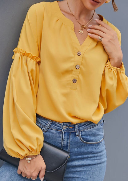 Half Button Front Bishop Sleeve Blouse