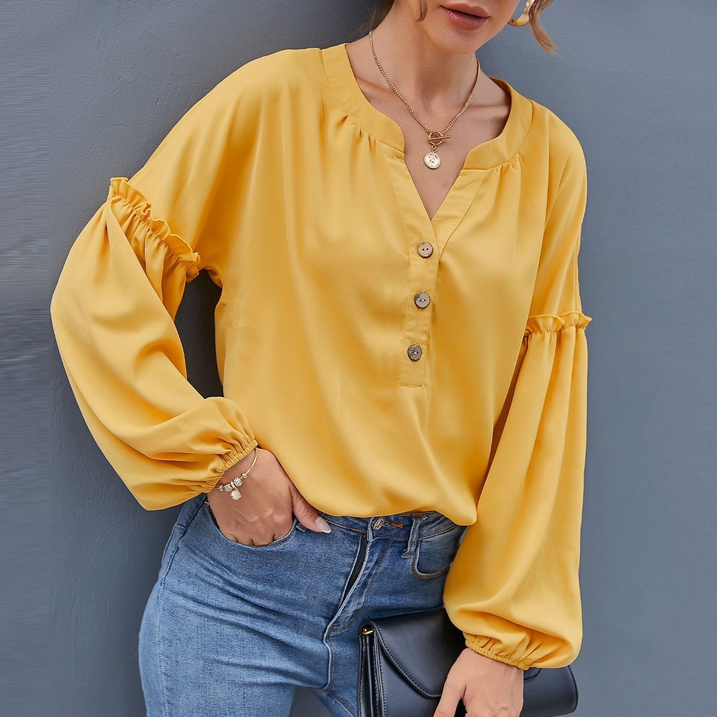 Half Button Front Bishop Sleeve Blouse