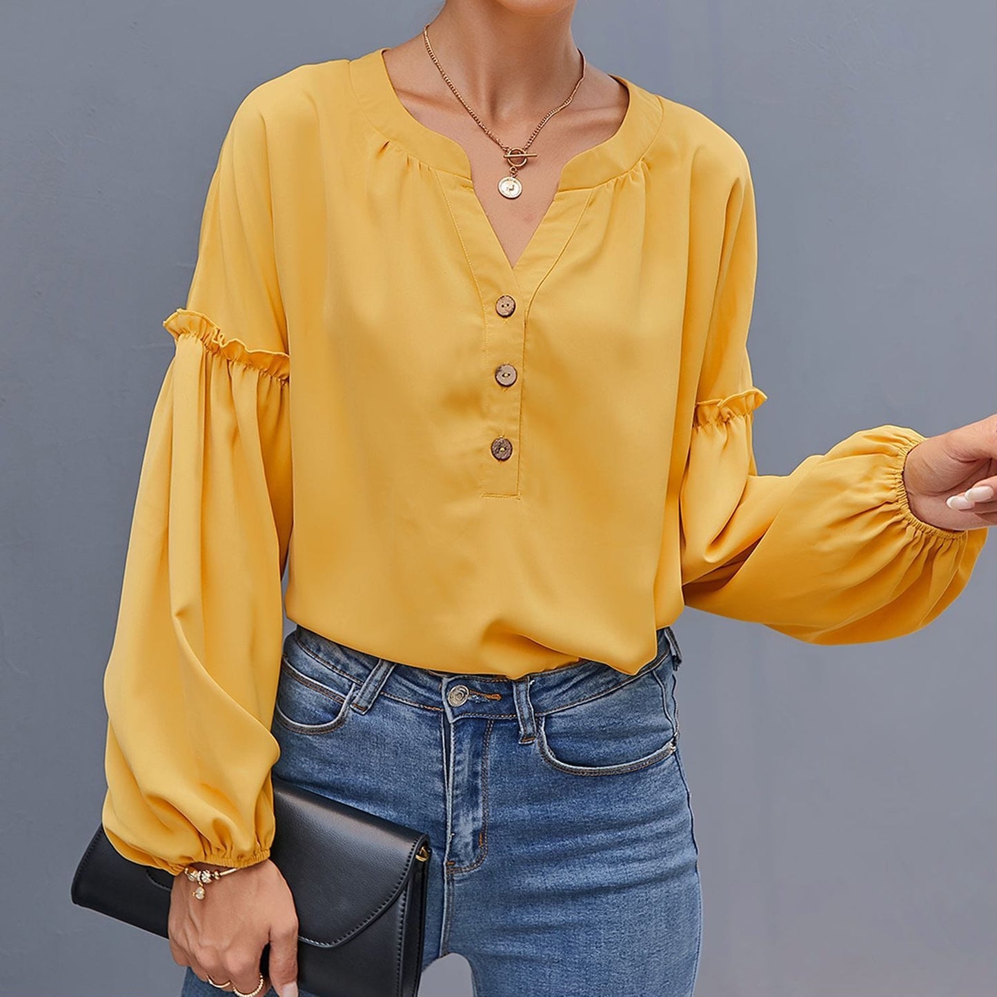 Half Button Front Bishop Sleeve Blouse