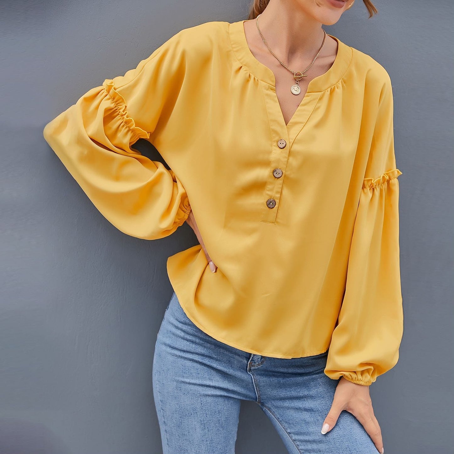 Half Button Front Bishop Sleeve Blouse