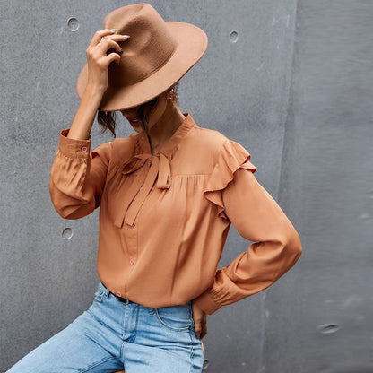 Button Down Ruffle Shoulder Blouse