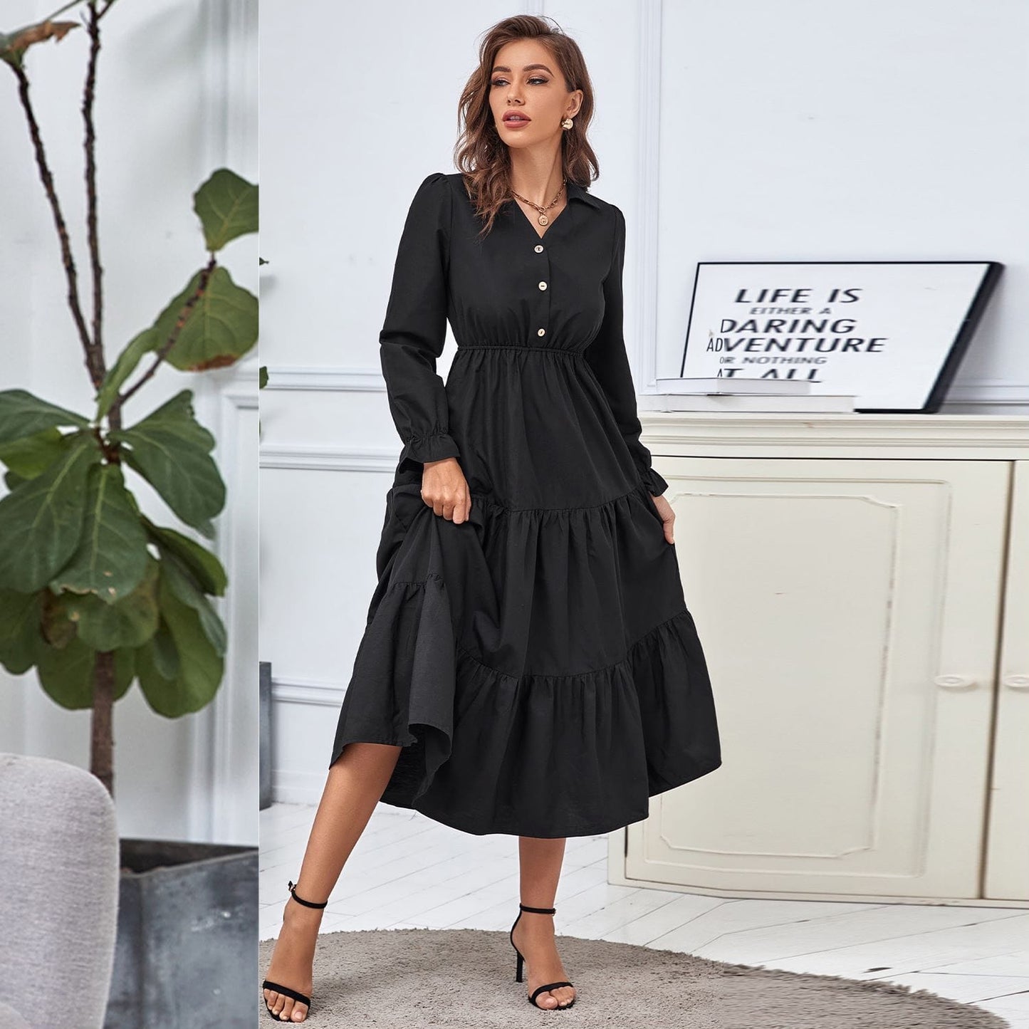 Collared Long Sleeve Tiered Dress