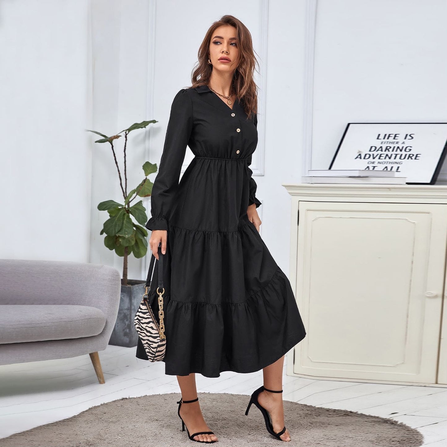 Collared Long Sleeve Tiered Dress
