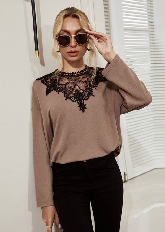 Lace Neck Drop Shoulder Sweater