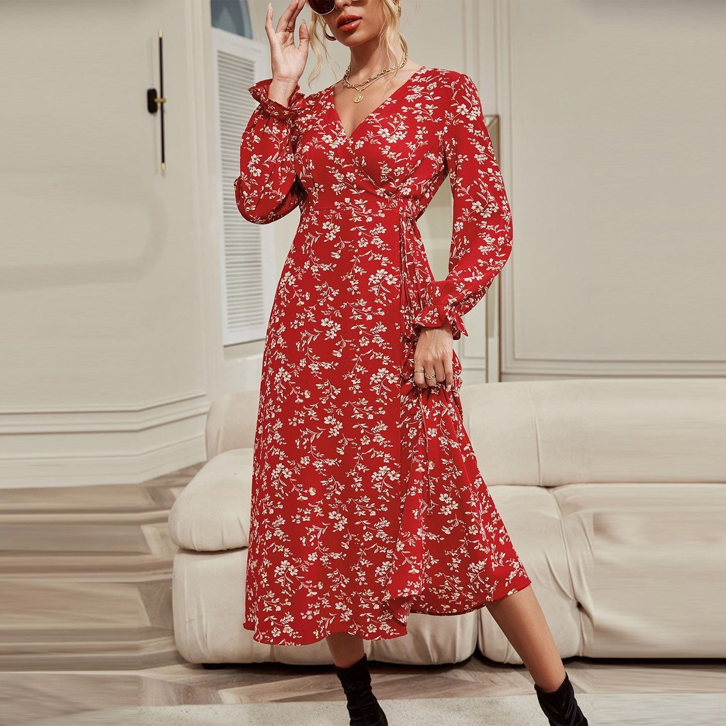 Surplice Neck Floral Dress