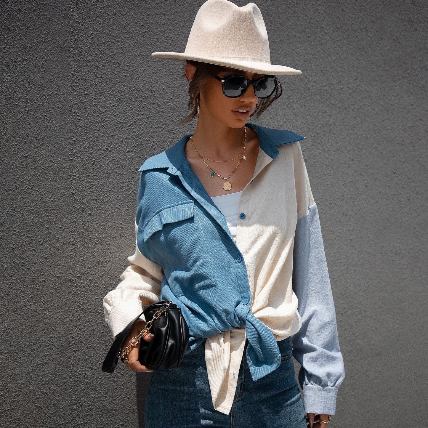 Color Block Button Down Blouse