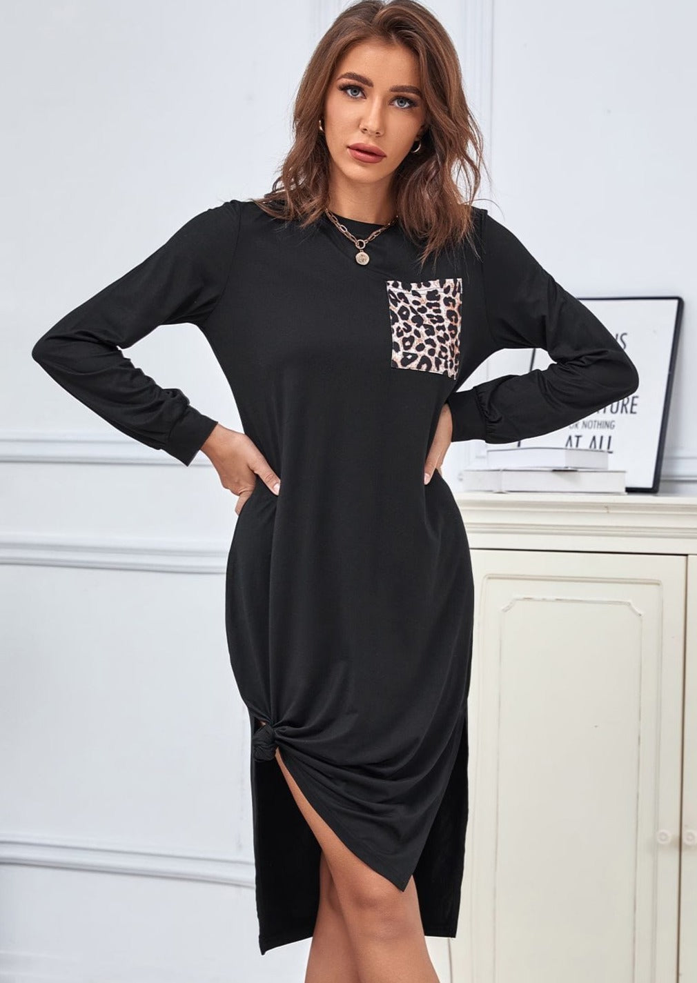 Leopard Patch Pocket Straight Dress