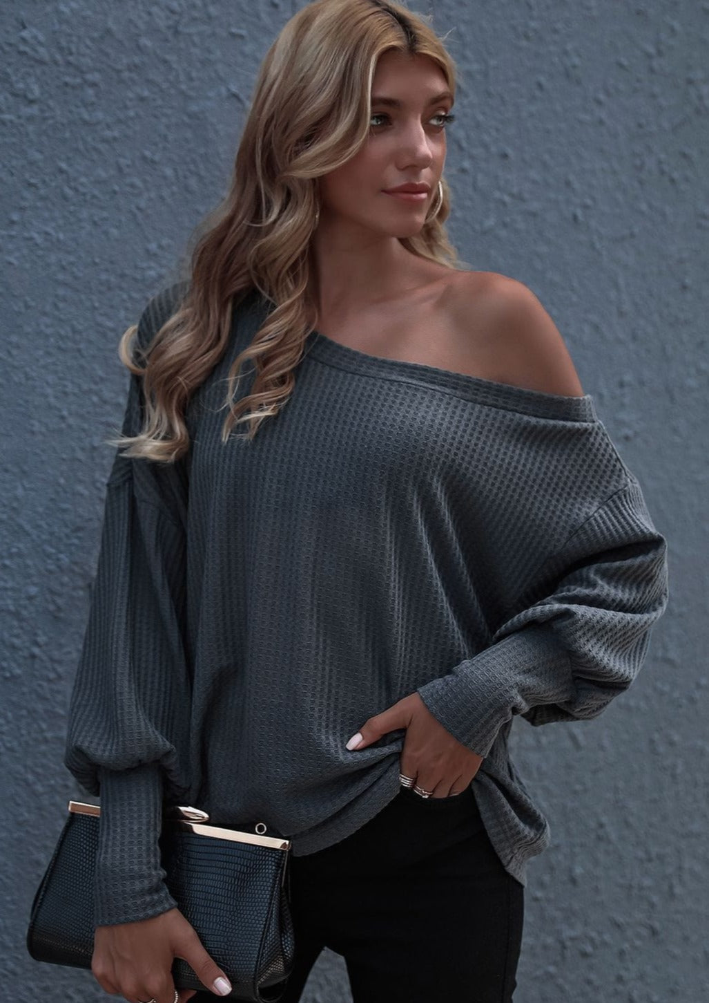 One Shoulder Waffle Knit Sweater Pullover