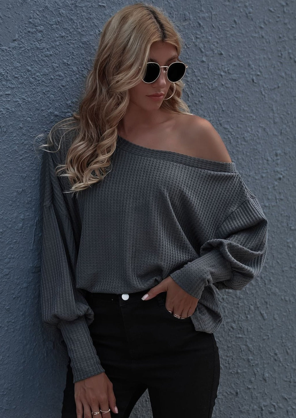 One Shoulder Waffle Knit Sweater Pullover