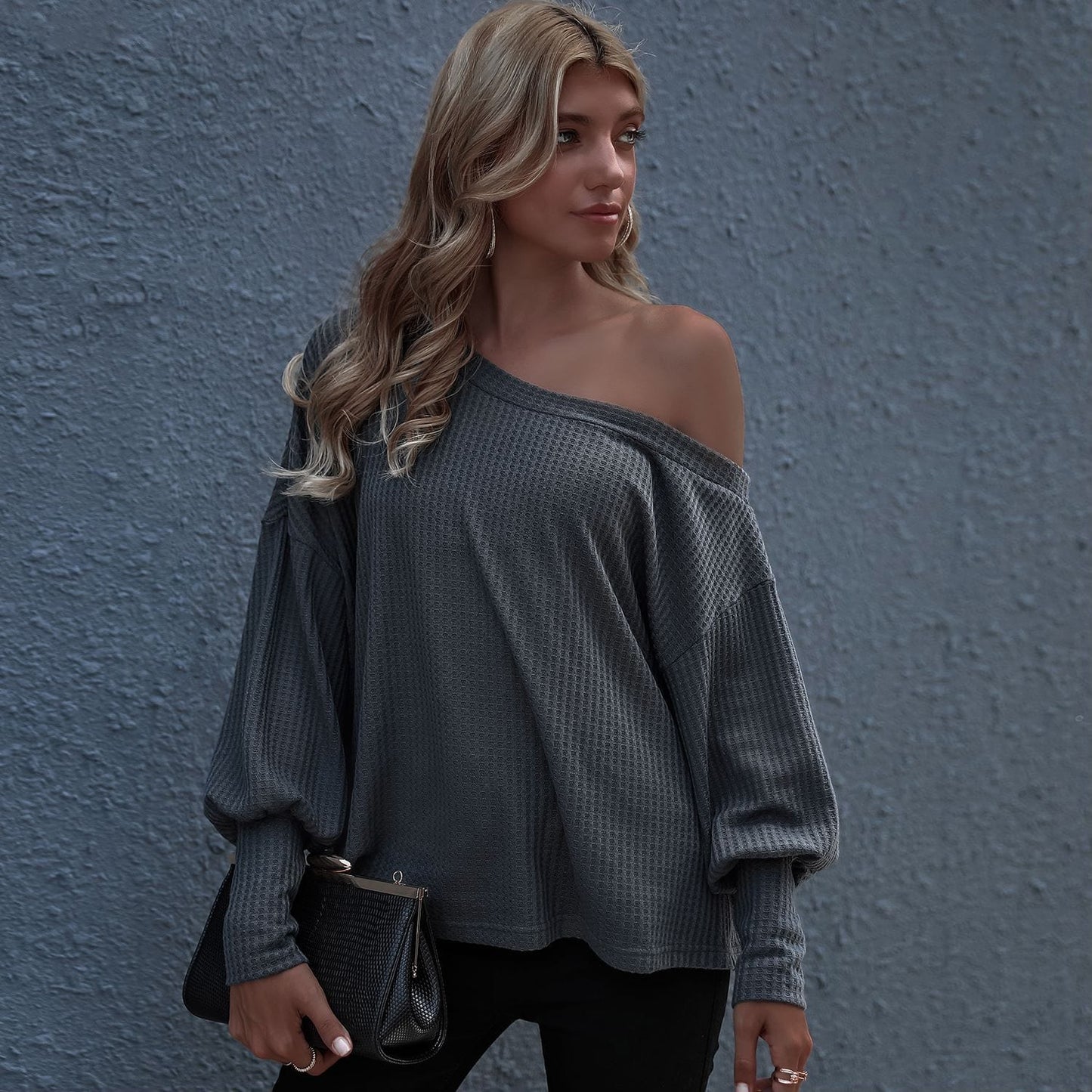 One Shoulder Waffle Knit Sweater Pullover