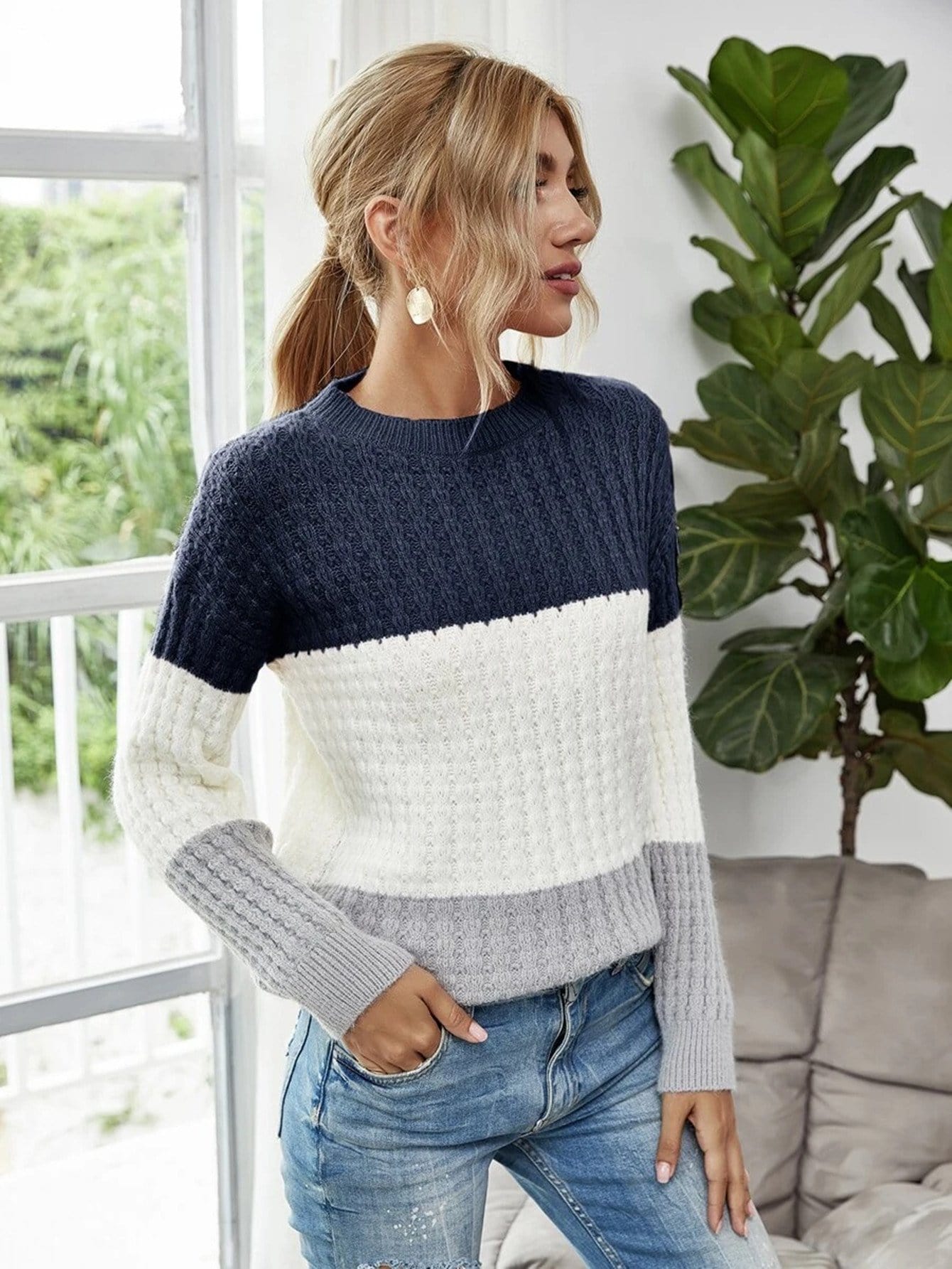 Textured Knit Color Block Striped Sweater