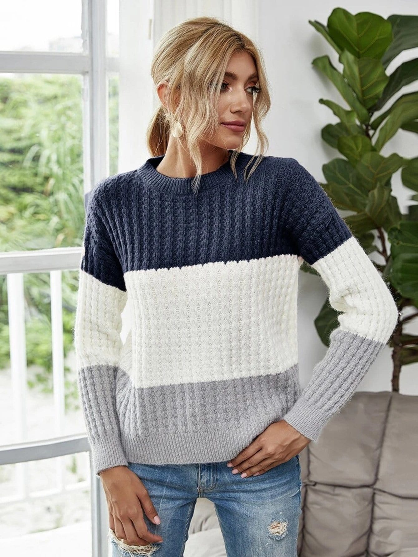 Textured Knit Color Block Striped Sweater