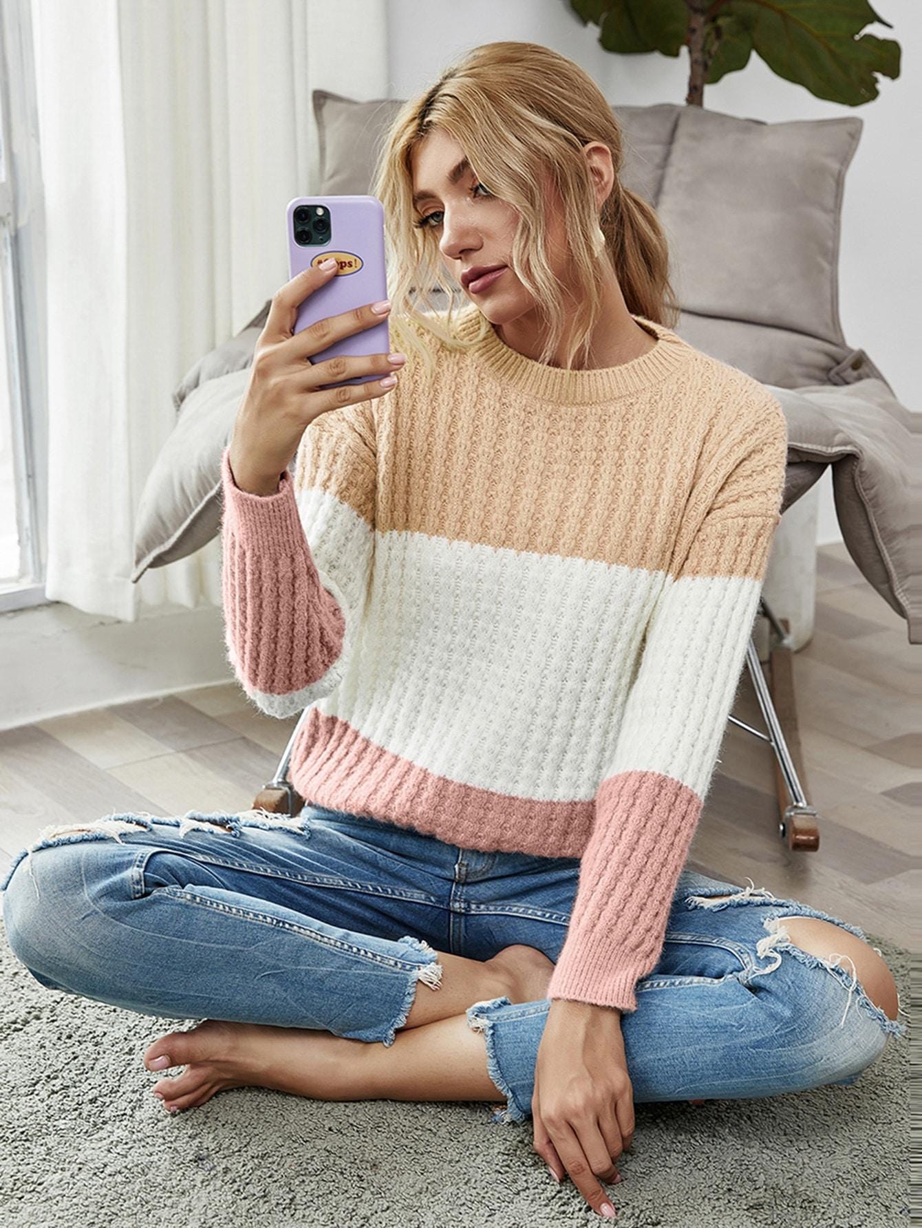 Textured Knit Color Block Striped Sweater