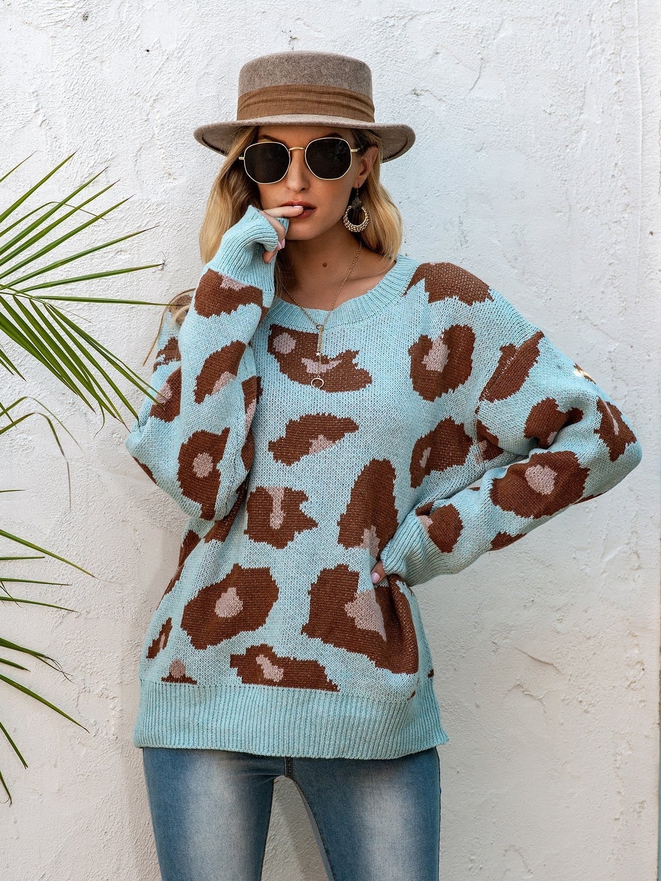 Drop Shoulder Leopard Knit Sweater