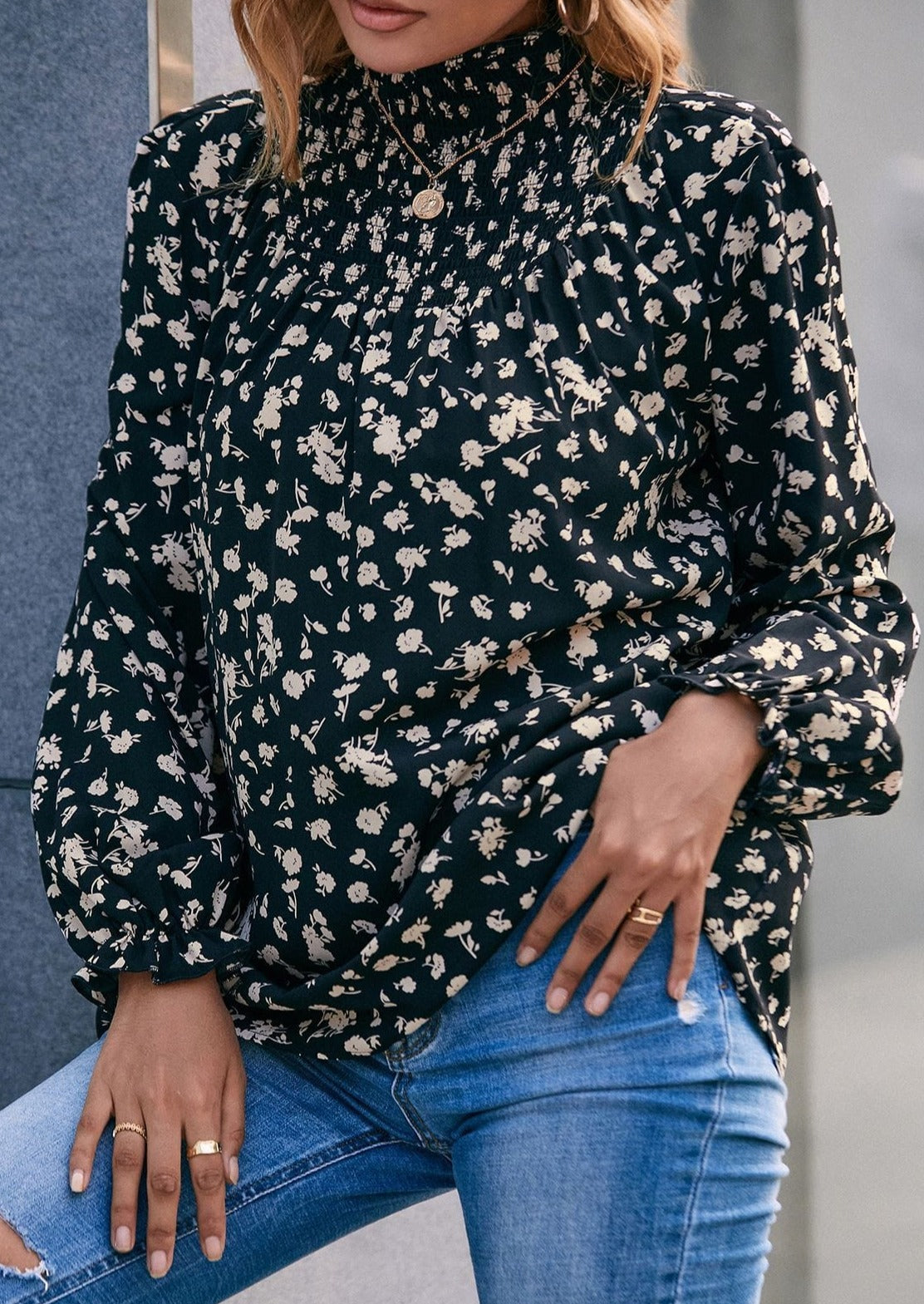 Shirred High Neck Floral Blouse