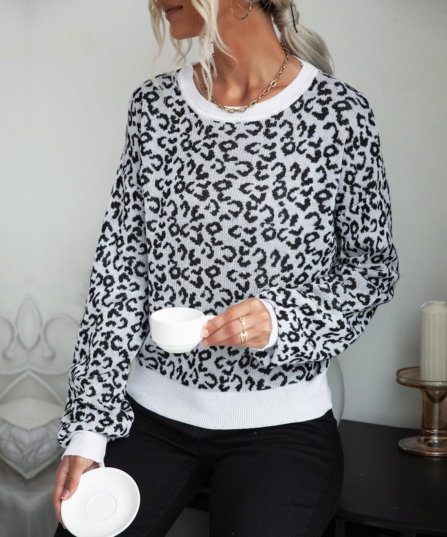 Leopard Print Contrast Trim Sweater