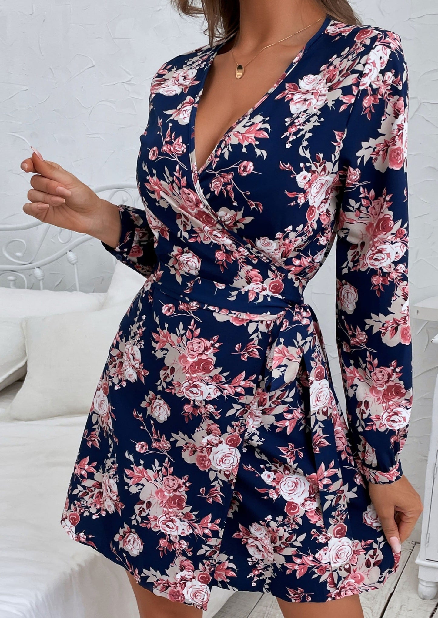 Plunge Neck Floral Print Dress