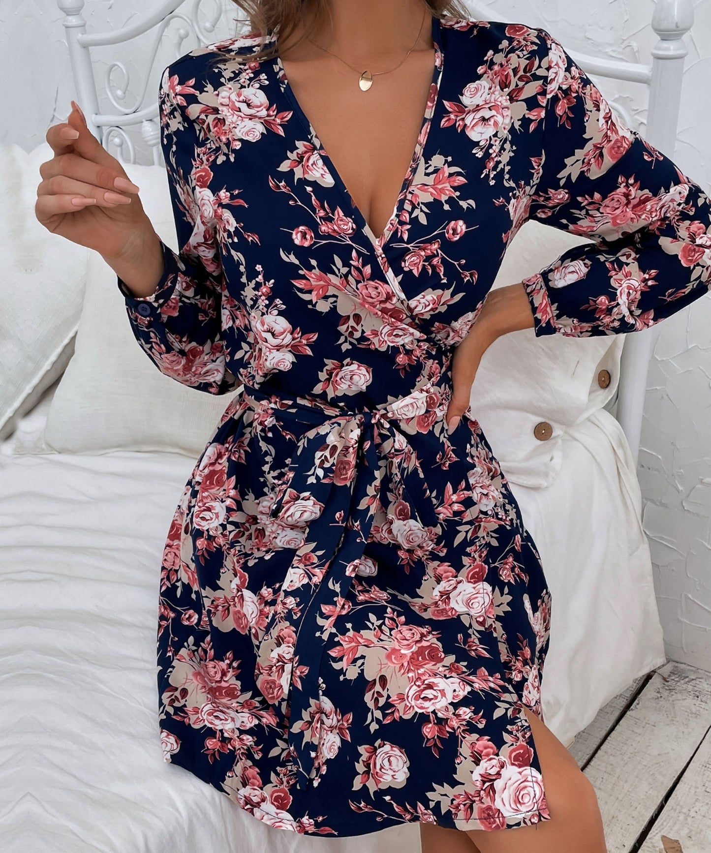 Plunge Neck Floral Print Dress