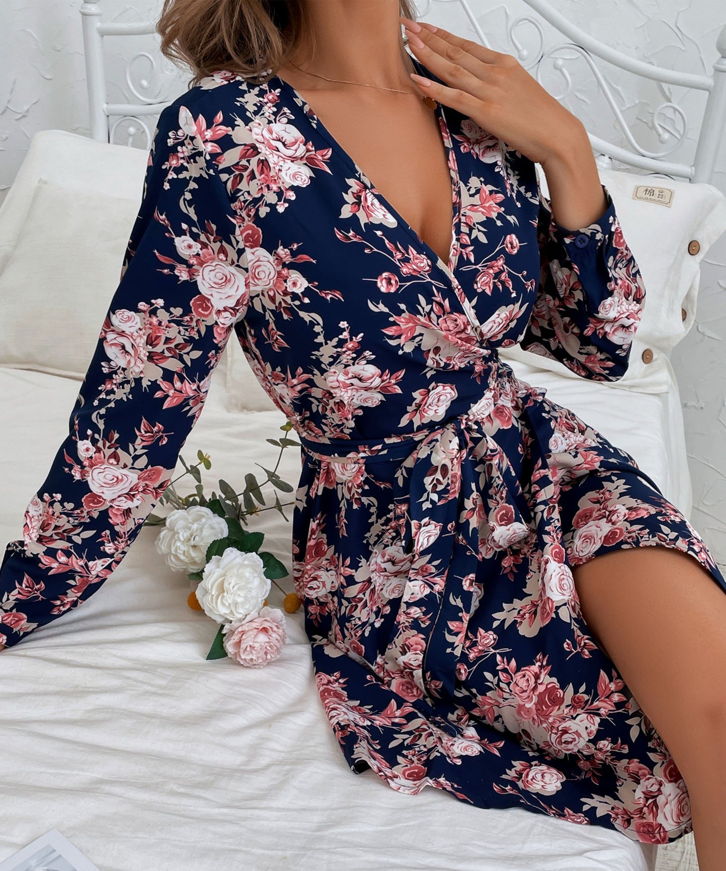 Plunge Neck Floral Print Dress