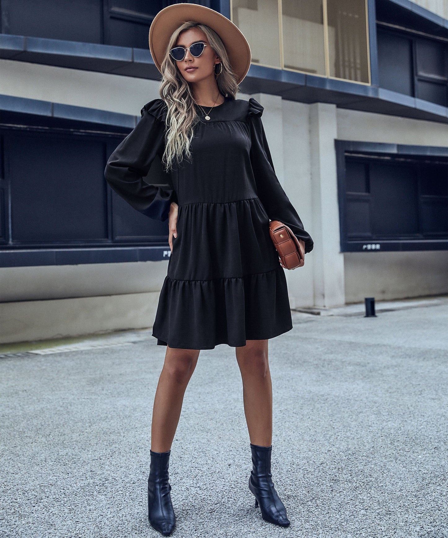 Round Neck Ruffle Shoulder Dress