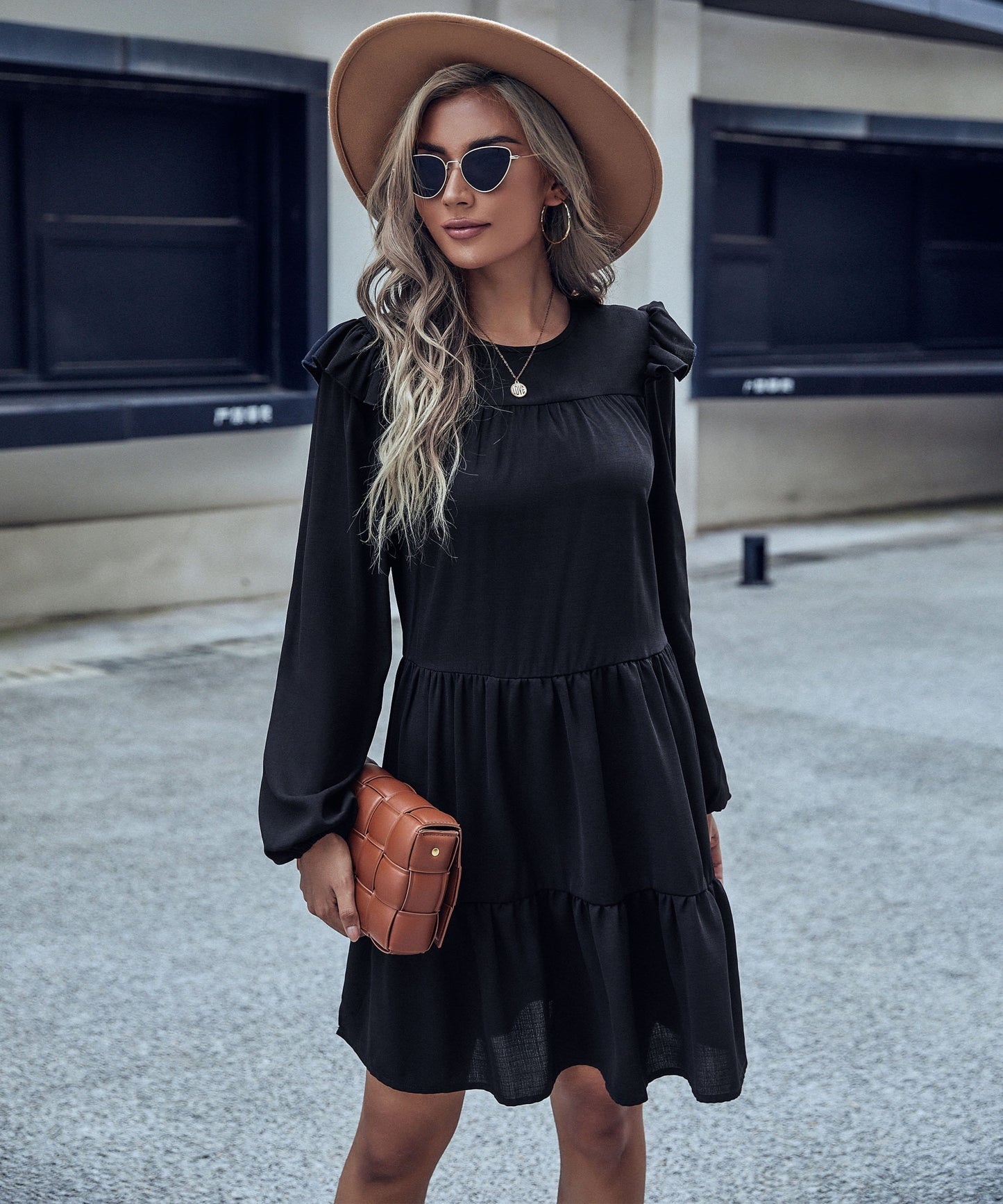 Round Neck Ruffle Shoulder Dress